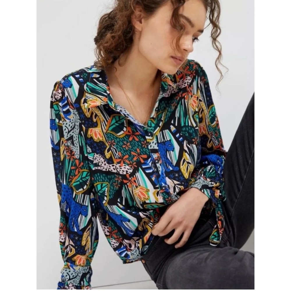 Anthropologie Margaret Jeane Jungle Leopard Blouse Multicolor Tie Cuff Size 16W - Picture 2 of 11